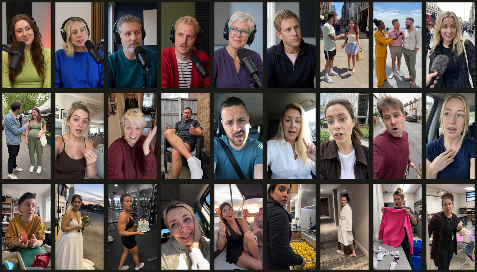 Three rows of approved Podcast V2, street interview, at-home UGC and viral reel frames from the avatar pack