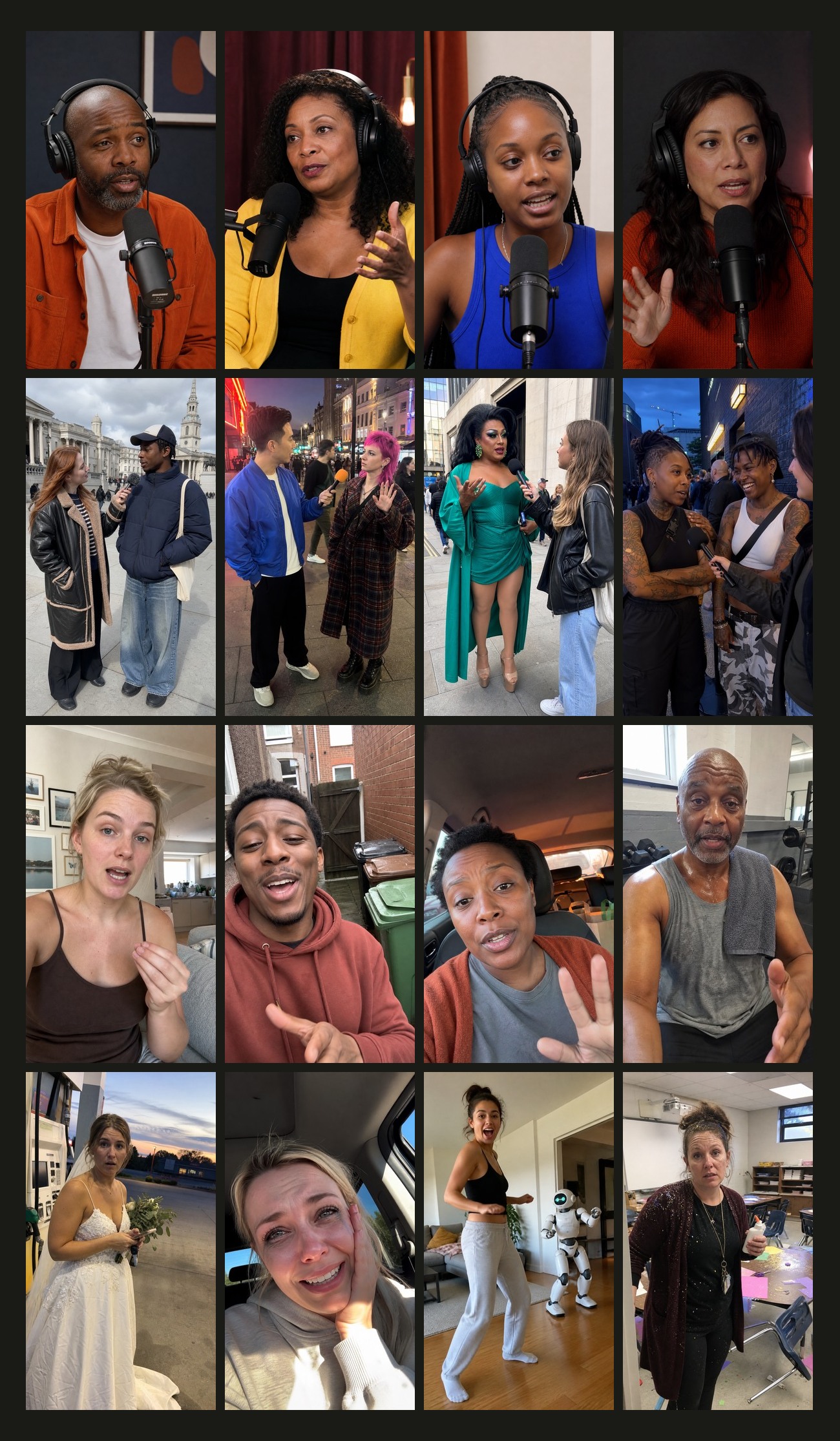 A selection of approved Podcast V2, street interview, viral reel and at-home UGC avatar starting frames