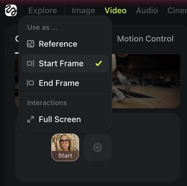 Higgsfield use-as-Start-Frame menu