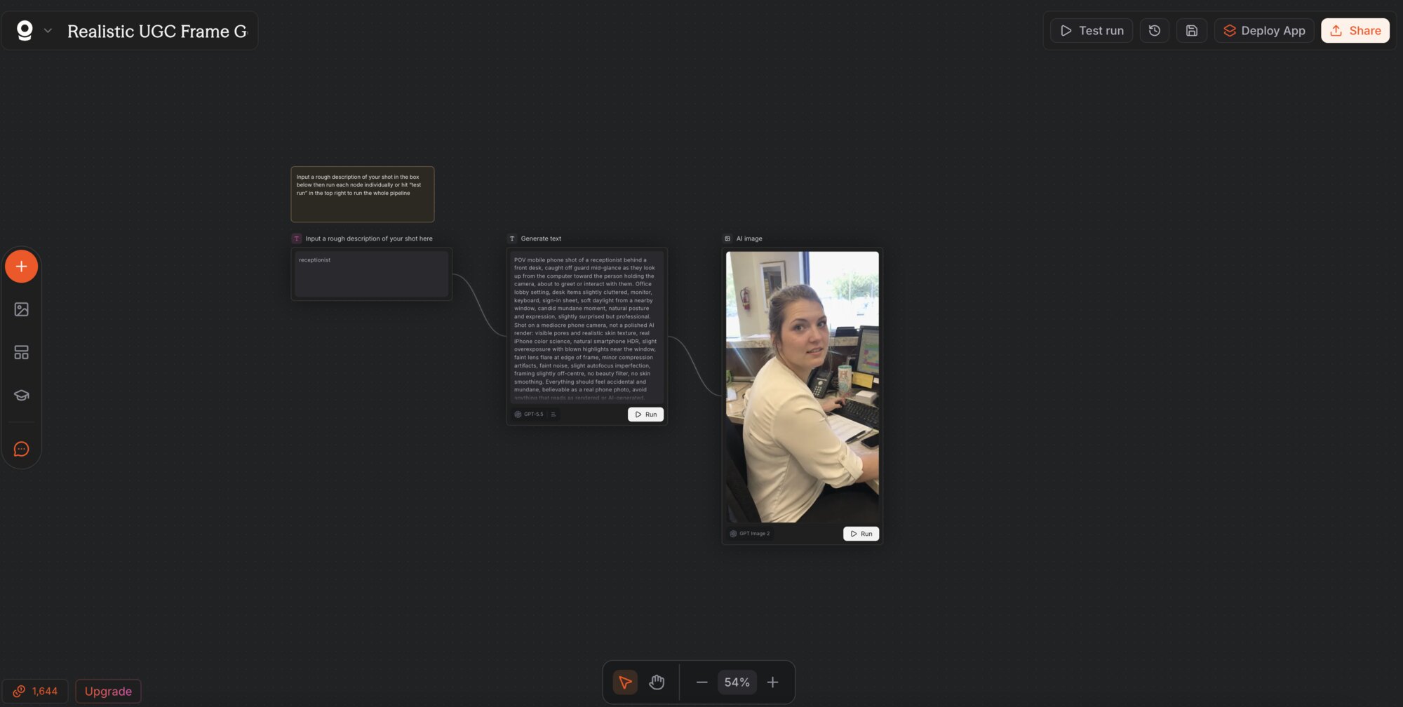 Realistic UGC Frame Generator workflow in Pletor