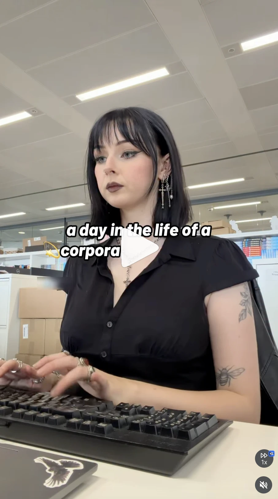 Source social video screenshot of a woman typing in an office with text overlays