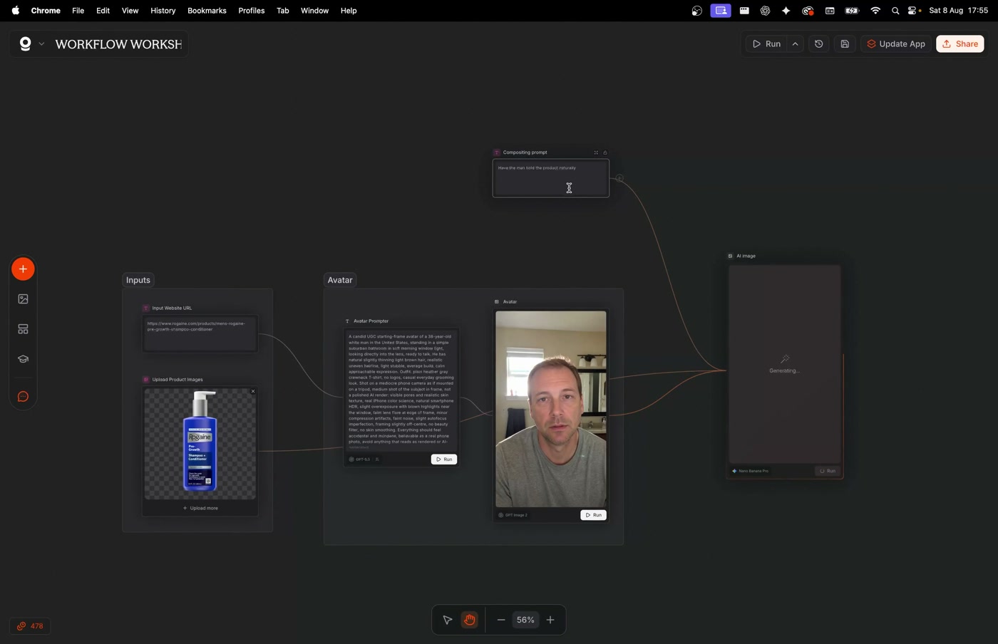 Product Image, Avatar 1 and the compositing prompt connected to a Nano Banana Pro image node in Pletor