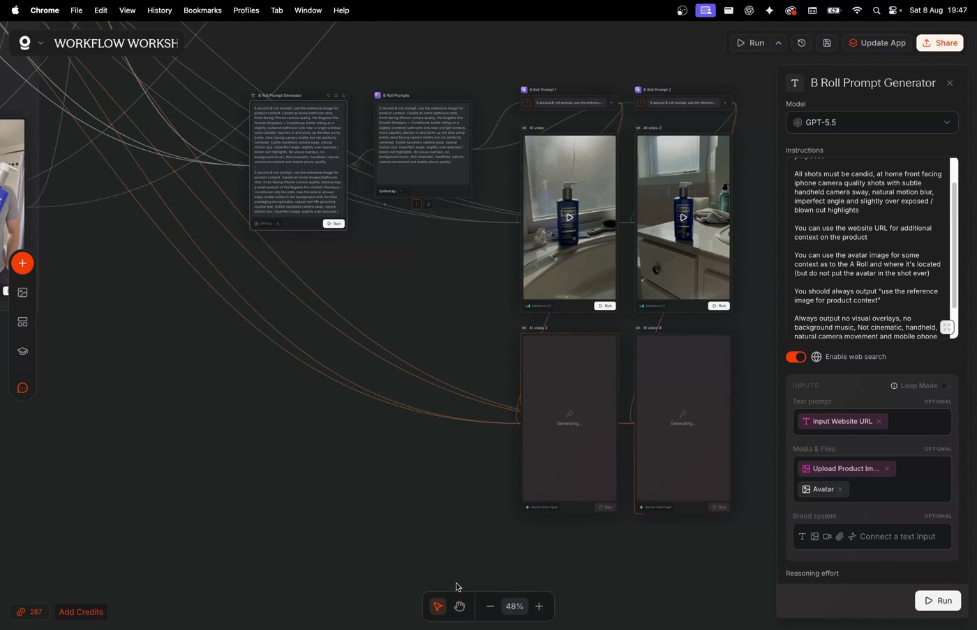 B-Roll Prompt Generator routed through Split Text to product video outputs